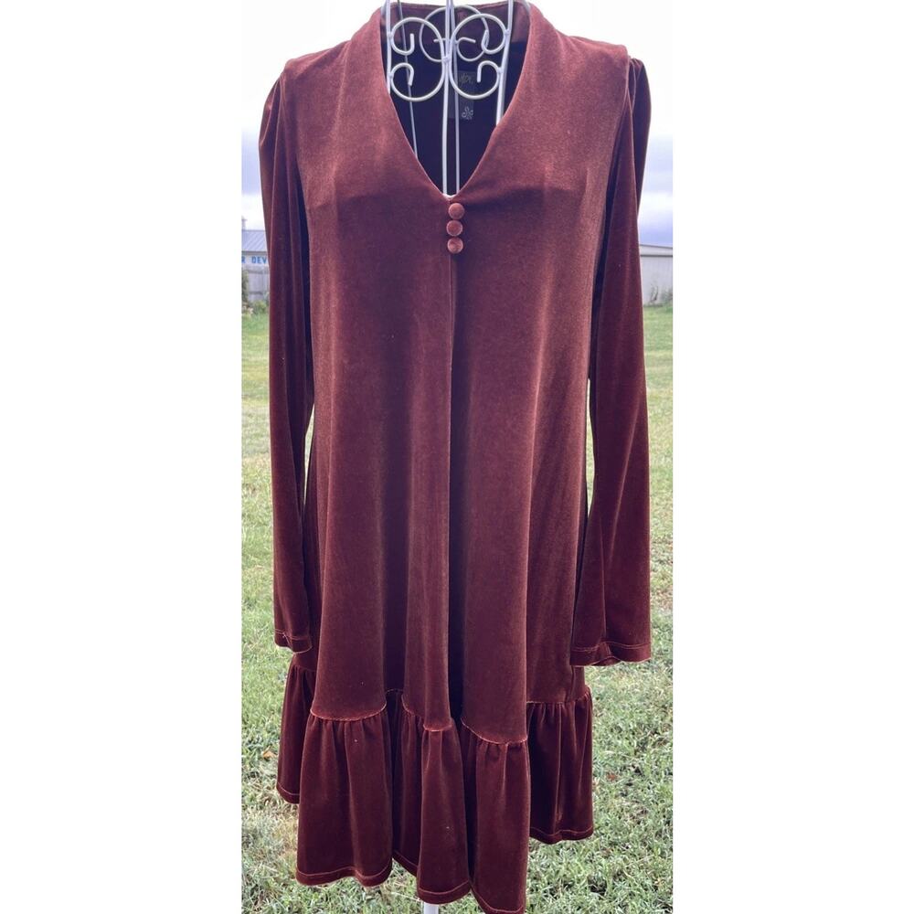 Taylor Burnt Orange Trapeze Velvet Long Sleeve Mini Shirt Dress Small Semiformal - Picture 2 of 7